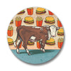 A vibrant cheeseburger pin featuring Angus the Cow standing against a playful backdrop of hamburgers and fries, perfect for adding a whimsical touch to any outfit.