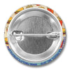 The back view of a cheeseburger pin showcasing the pin clasp mechanism, embellished with colorful illustrations of burgers and fries, ideal for easy attachment to bags or clothing.