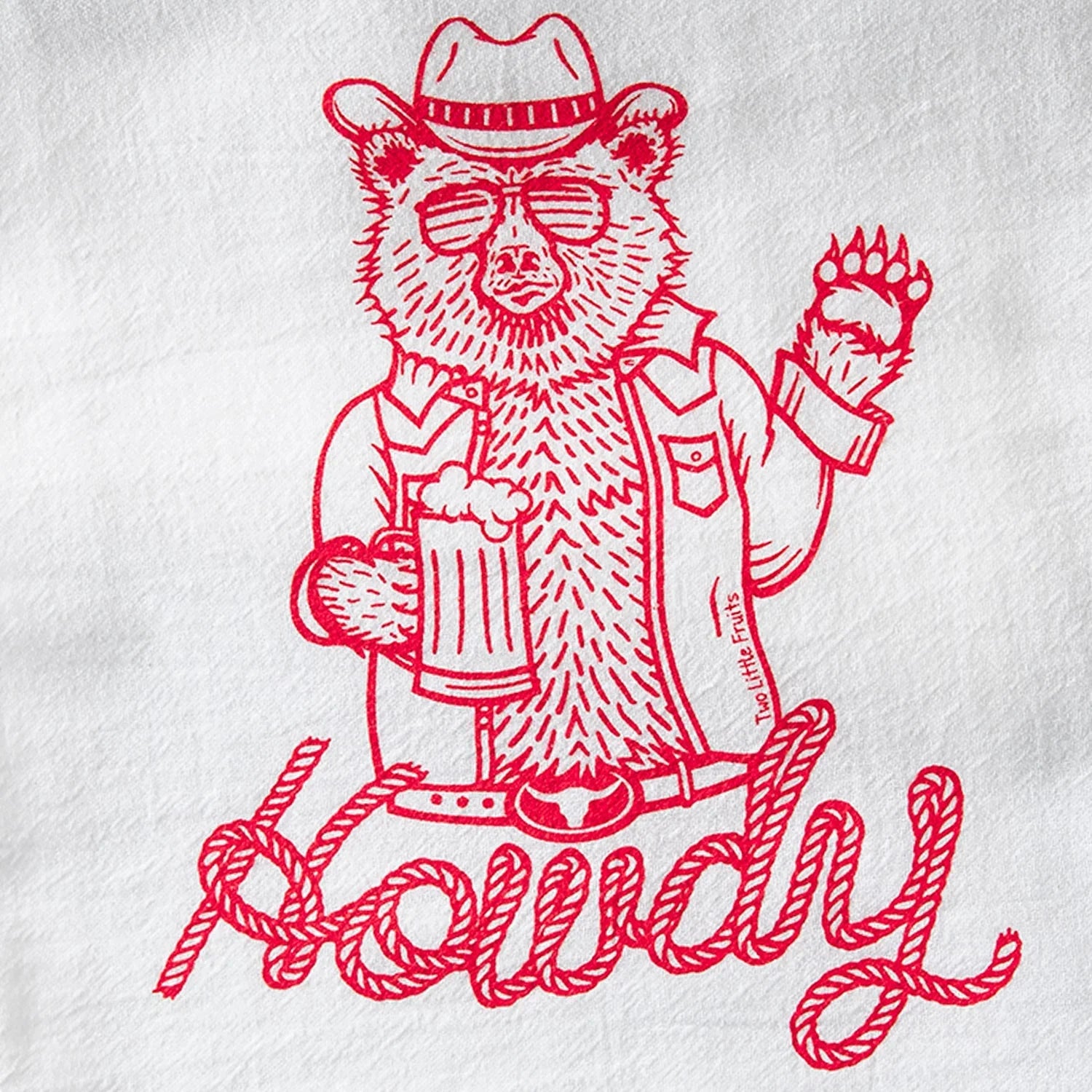 Cheerful Cowboy Bear illustrated tea towel by Two Little Fruits