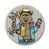 Fun Cowboy Drink Coaster with a cowboy bear character, holding a frosty beer, a vibrant addition to your tabletop, great for fans of cowboy ceramic coasters.