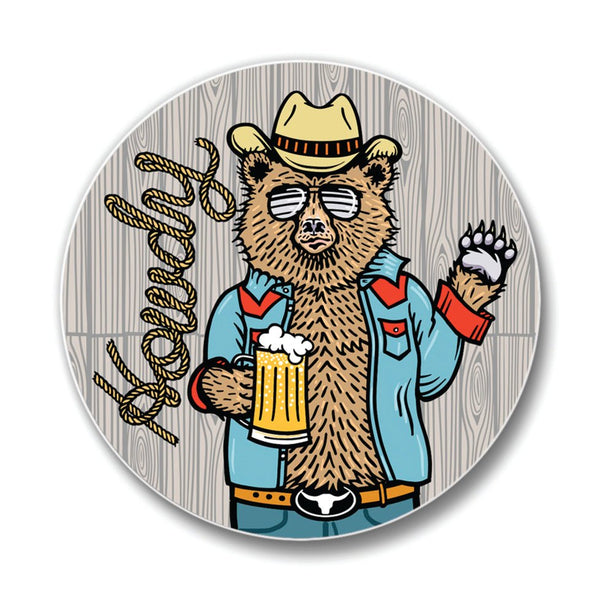 Fun Cowboy Drink Coaster with a cowboy bear character, holding a frosty beer, a vibrant addition to your tabletop, great for fans of cowboy ceramic coasters.
