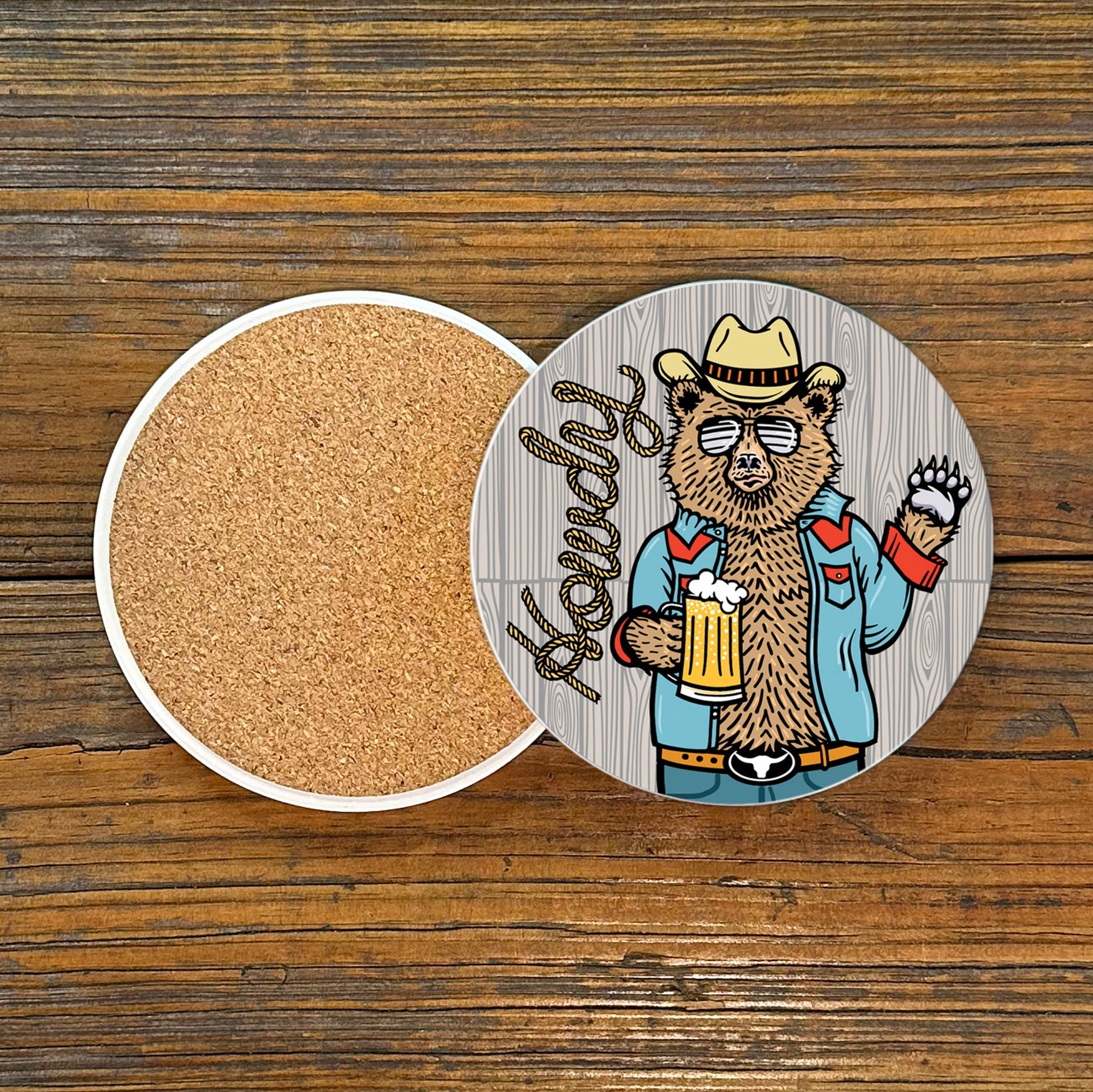 Stylish Cowboy Drink Coaster showcasing a bear in a cowboy outfit with a beer, designed to enhance your decor, perfect for cowboy ceramic coasters lovers.