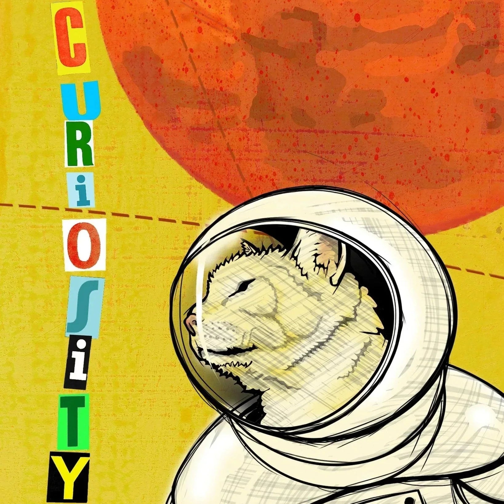 Curiosity Cat Astronaut Art Print - 8x10 or 11x14 Fine Art Print on Quality 110lb Paper