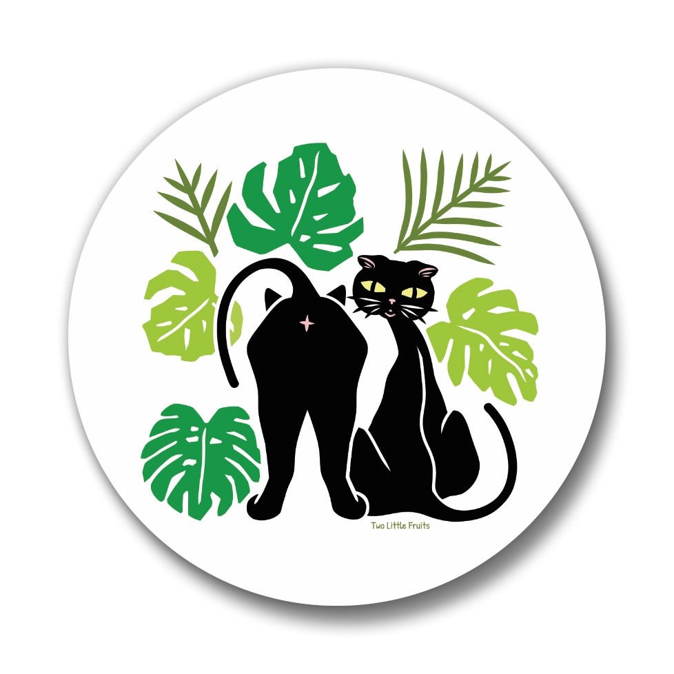Cute Cat Accessories: 1.25" Cat With Monstera Leaves Matte Button Pin - Weather & Scuff Resistant - Button Pins - Two Little Fruits - Two Little Fruits