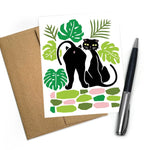 Cat Card with Monstera Leaves - A2 Size illustrated greeting card by Two Little Fruits