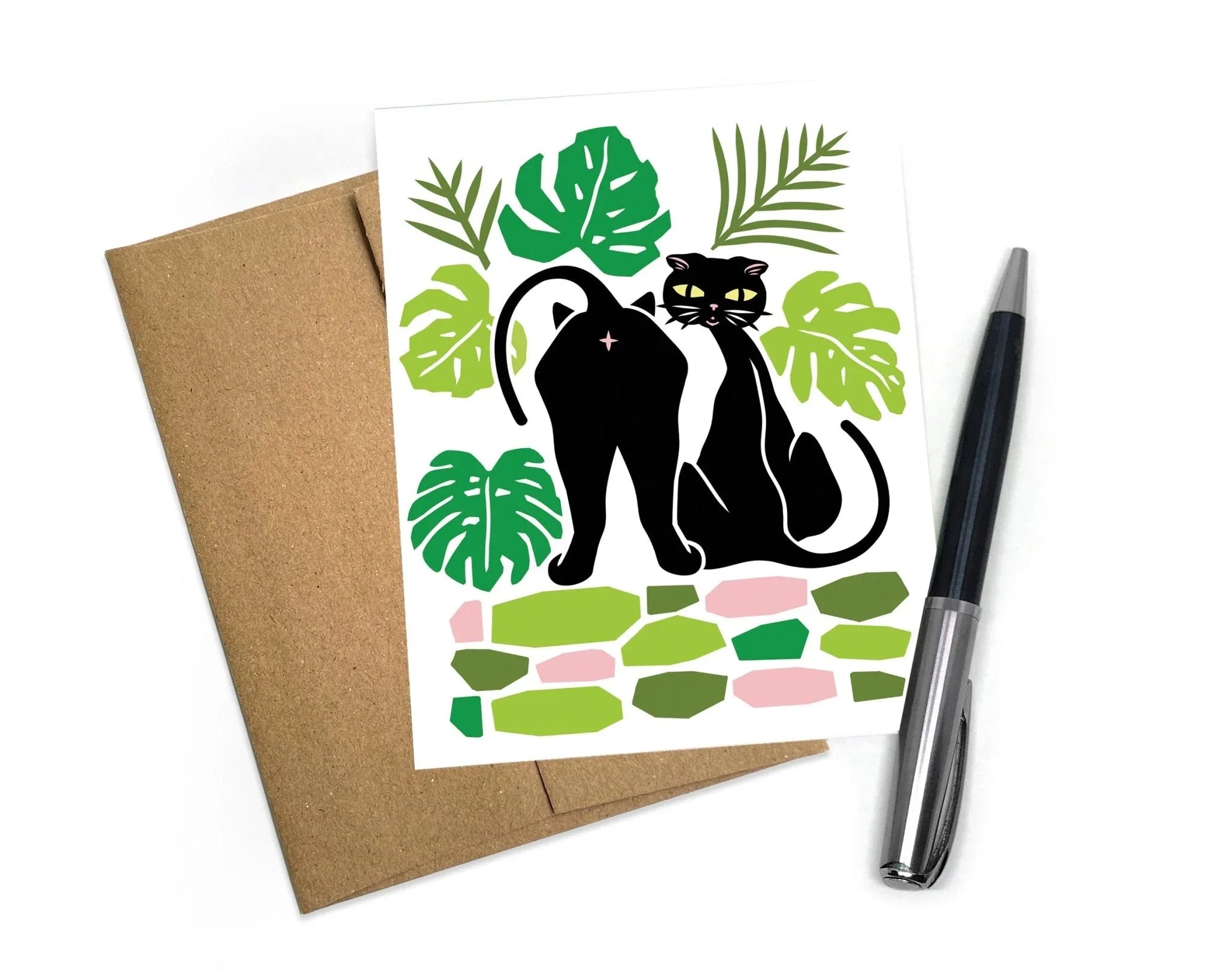 Cat Card with Monstera Leaves - A2 Size illustrated greeting card by Two Little Fruits