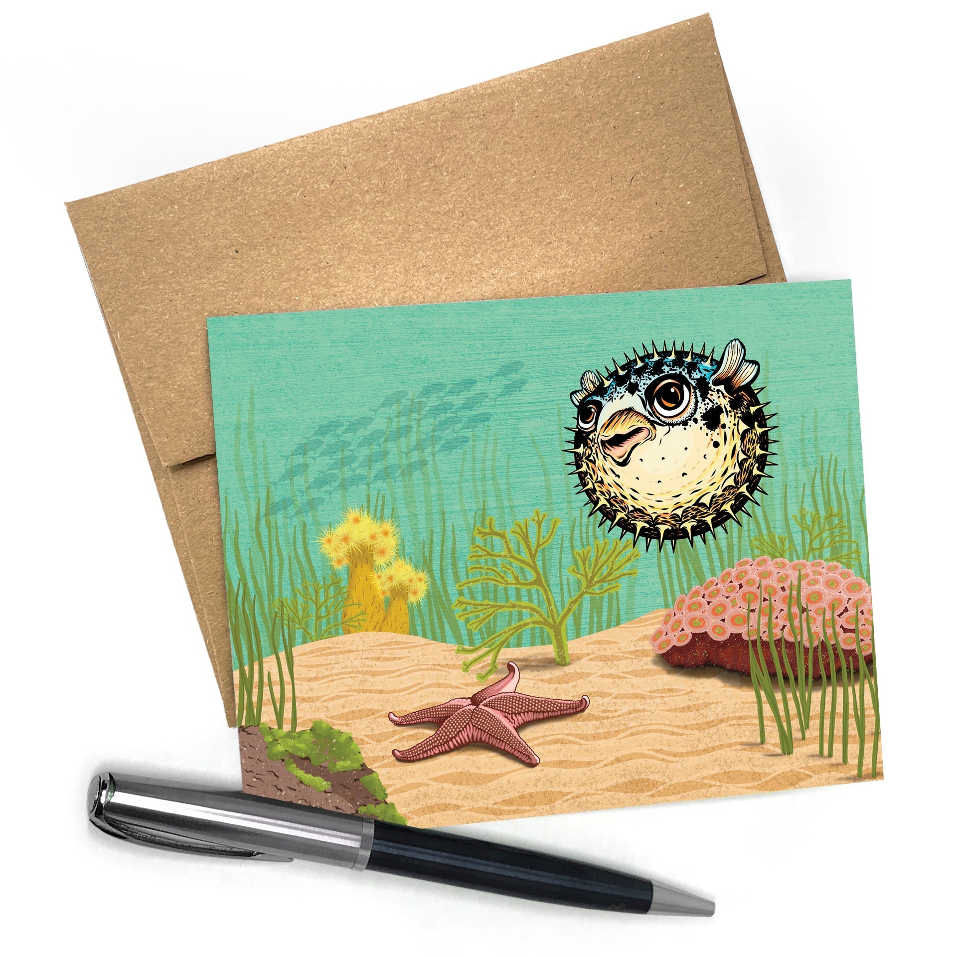 Cute Fish Greeting Card - Puffy The Blowfish Blank Card with A2 Envelope, 4.25" x 5.5" Size - Greeting Cards - Two Little Fruits - Two Little Fruits