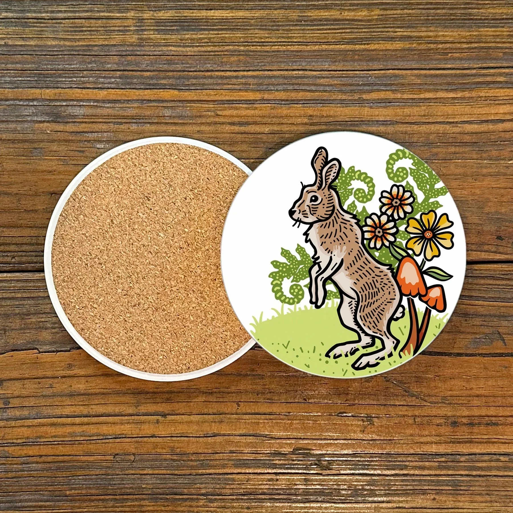 Cute Rabbit Decorative Ceramic Coasters - 4" Diameter, Cork Backed, Set of 4, Bright & Fun!