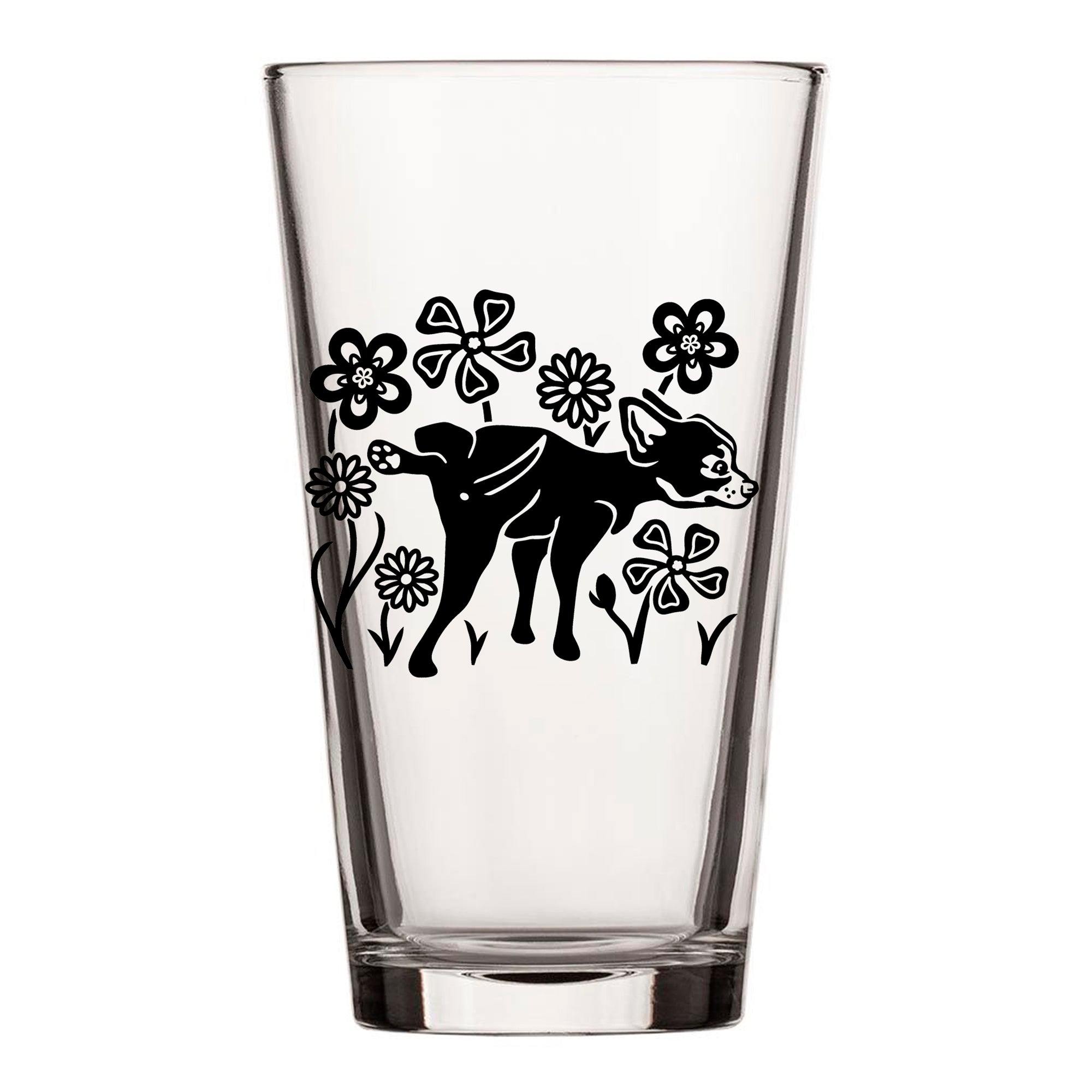 Dog Beer Glass with fun dog and flowers design, a perfect gift for dog lovers who enjoy craft beverages.