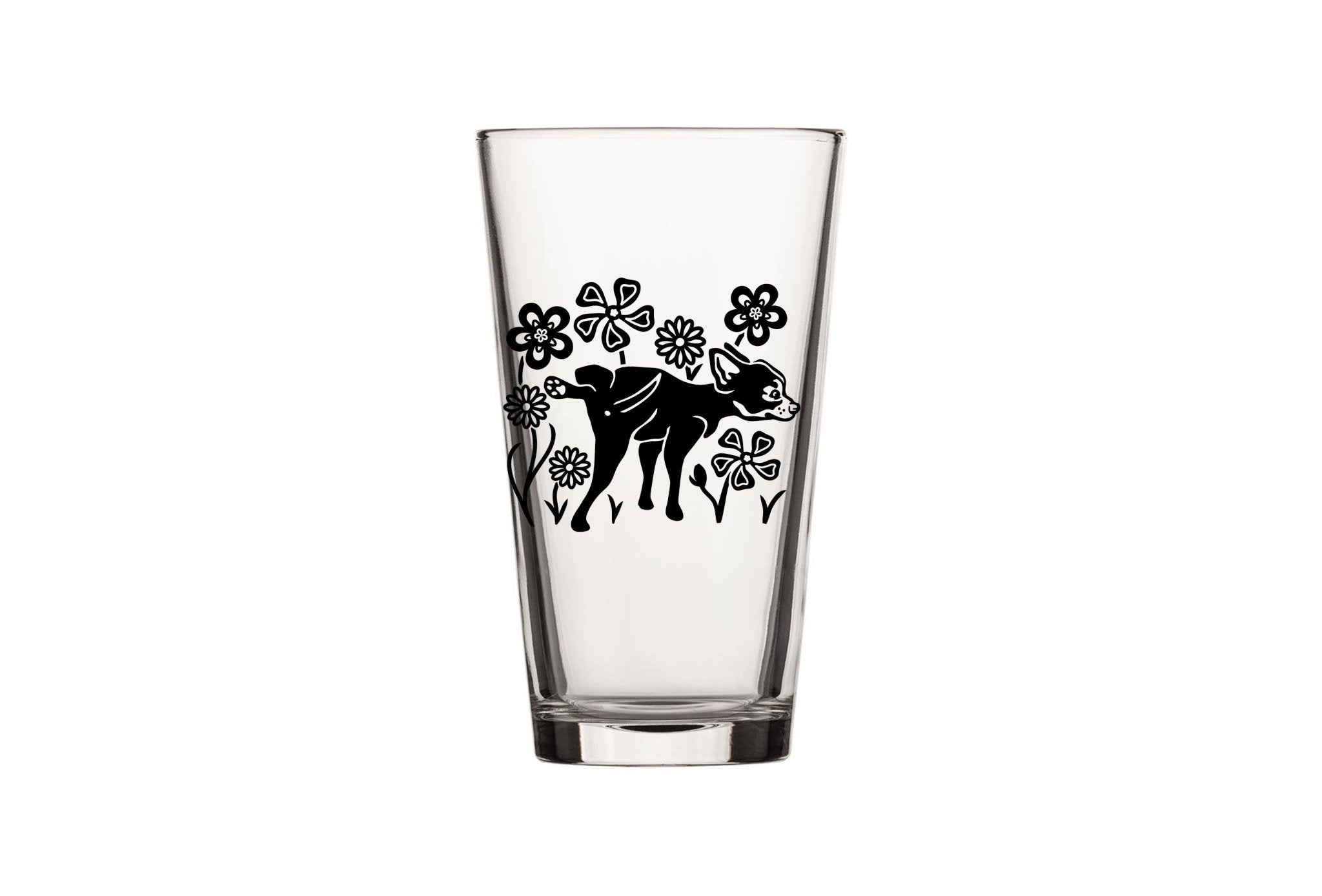 Dog Beer Glass - Whimsical Dog & Flowers Pint Glass, 16 Fl Oz, Made in USA, Durable & Fun - Pint Glass - Two Little Fruits - Two Little Fruits
