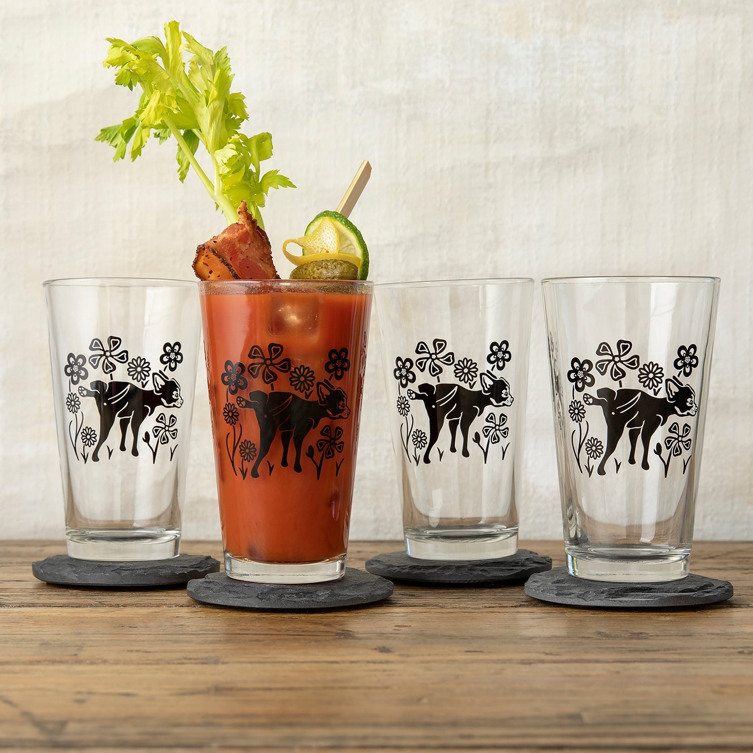 Dog Beer Glass - Whimsical Dog & Flowers Pint Glass, 16 Fl Oz, Made in USA, Durable & Fun - Pint Glass - Two Little Fruits - Two Little Fruits