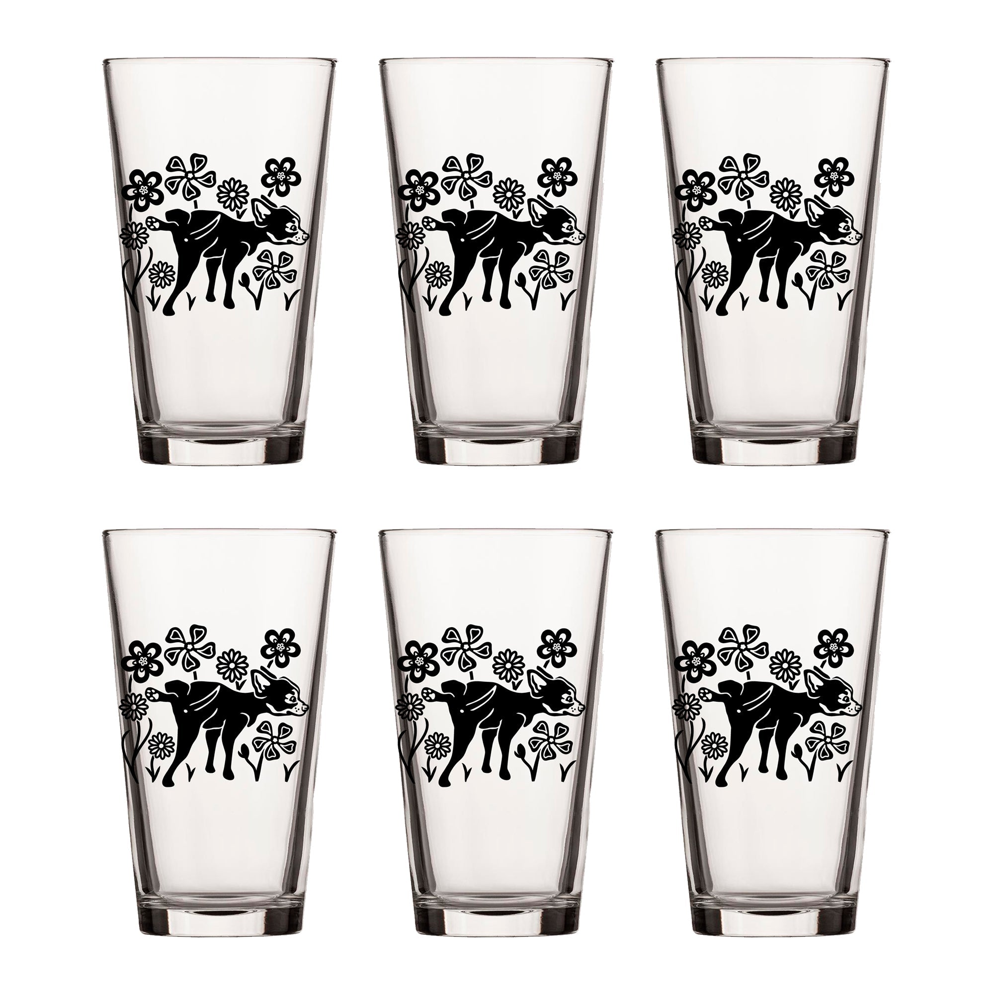 Dog Beer Glass - Whimsical Dog & Flowers Pint Glass, 16 Fl Oz, Made in USA, Durable & Fun - Pint Glass - Two Little Fruits - Two Little Fruits