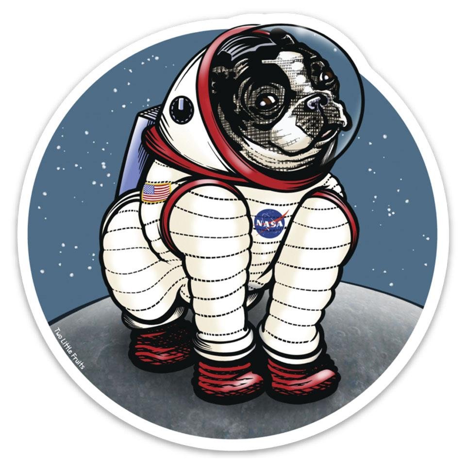 Artistic rendering of the Rover The Space Dog Die Cut Sticker, displaying a playful pup in a space suit on the moon. This space dog sticker is perfect for collectors.