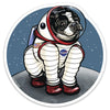 Artistic rendering of the Rover The Space Dog Die Cut Sticker, displaying a playful pup in a space suit on the moon. This space dog sticker is perfect for collectors.