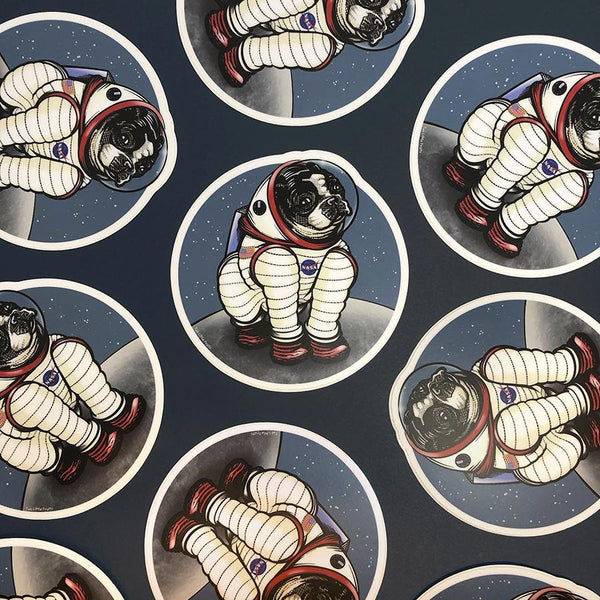 Collection of Rover The Space Dog Die Cut Stickers in multiple poses, highlighting the cute astronaut dog design. Fun and colorful space dog sticker collection.