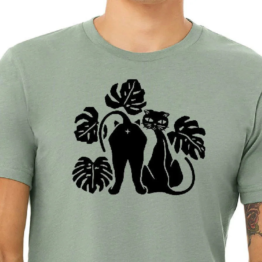 Eco - Friendly Cat Graphic T-Shirt | Unisex Retail Fit in Heather Sage | Made in the USA - Tee Shirts - Two Little Fruits - Two Little Fruits
