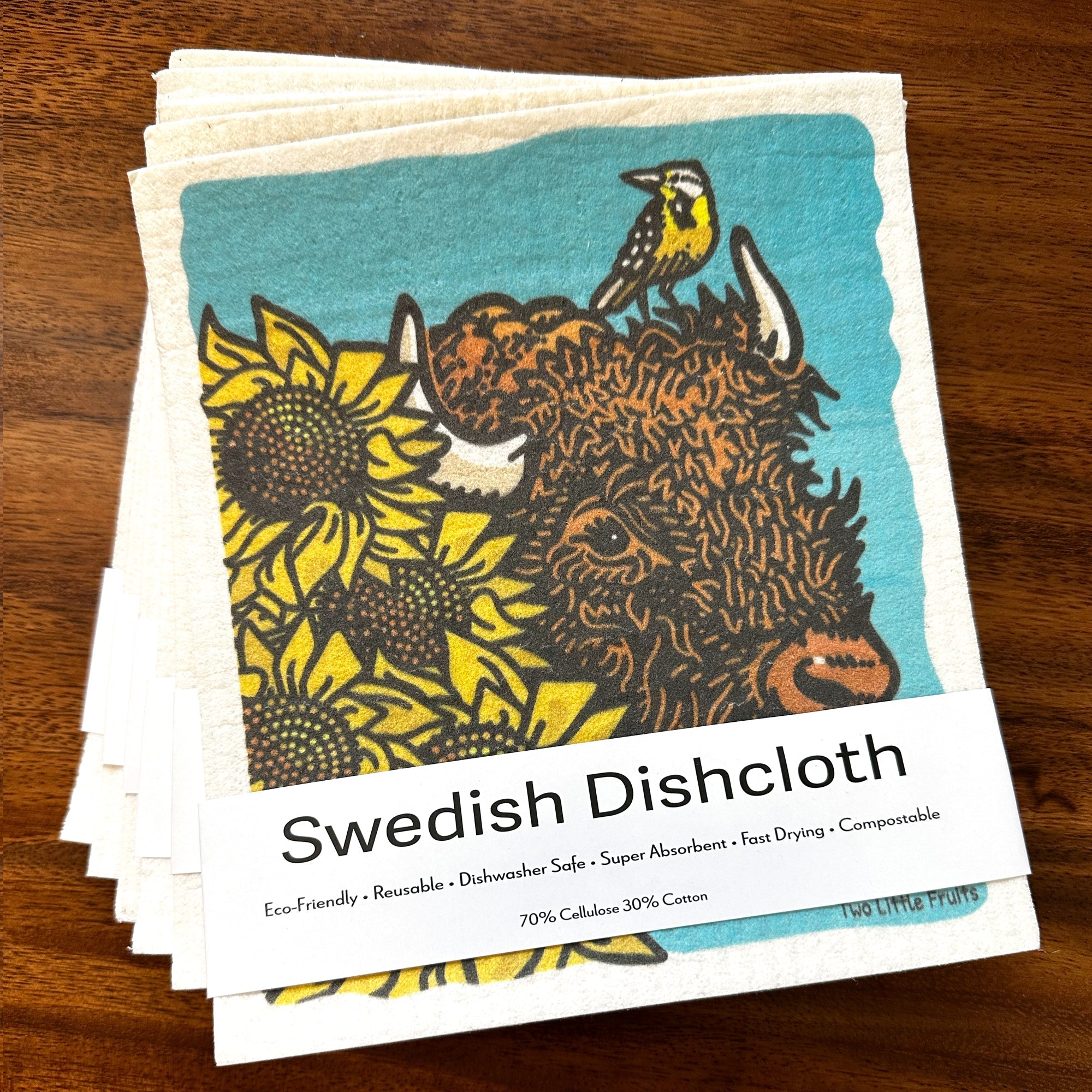 Eco - Friendly Reusable Dishcloths - Bison & Sunflowers, Biodegradable, 100% Compostable - Swedish Dish Cloth - Two Little Fruits - Two Little Fruits