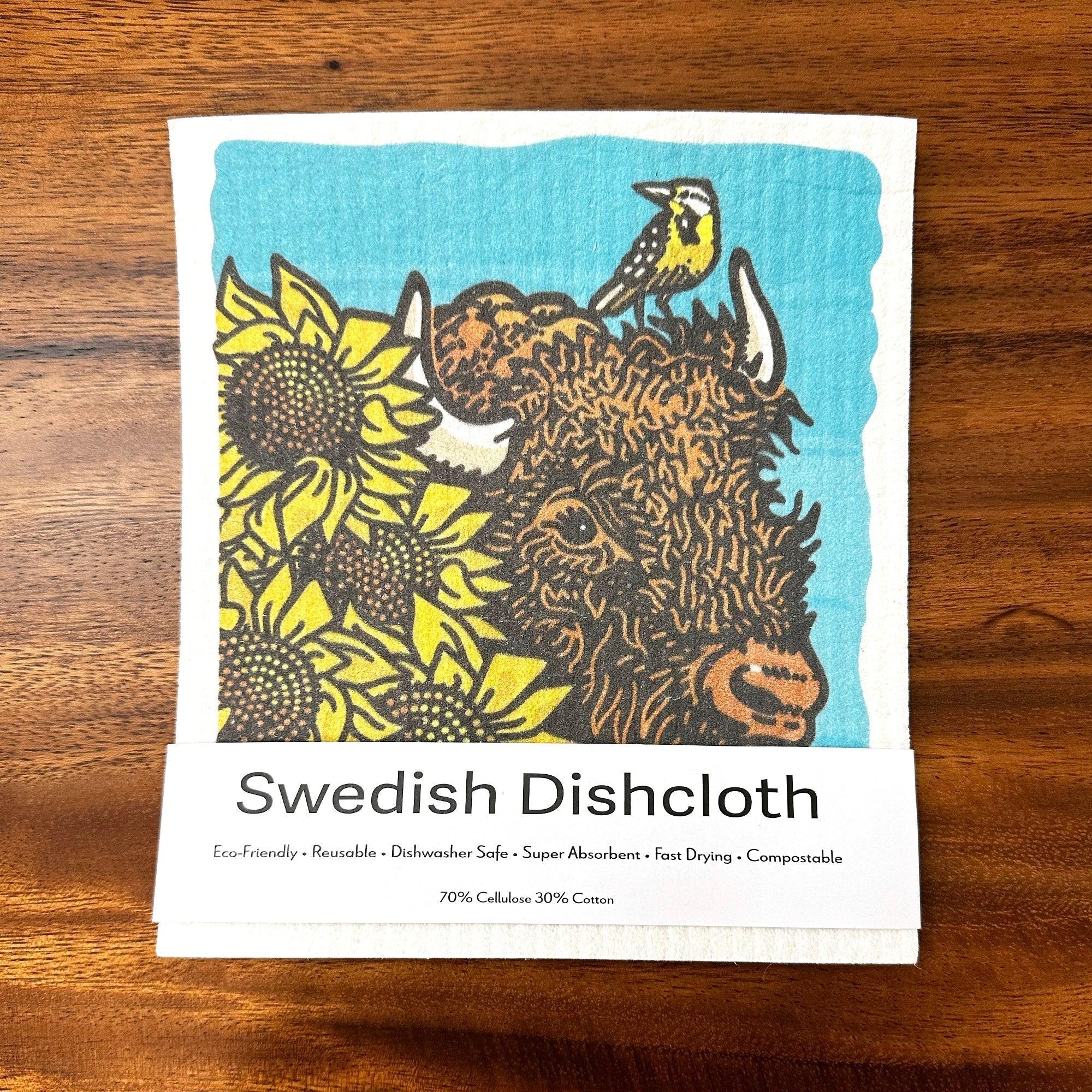 Eco - Friendly Reusable Dishcloths - Bison & Sunflowers, Biodegradable, 100Compostable - Swedish Dish Cloth - Two Little Fruits - Two Little Fruits