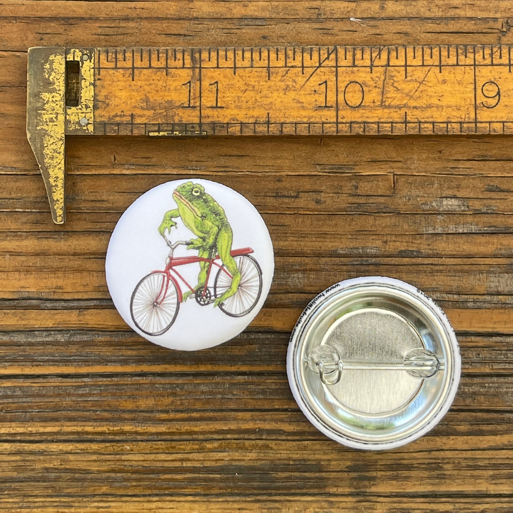 Frog Button Pin - Toadster The Frog, measuring 1.25 inches, showcasing a playful illustration of a frog riding a bike next to a ruler on a wooden background.