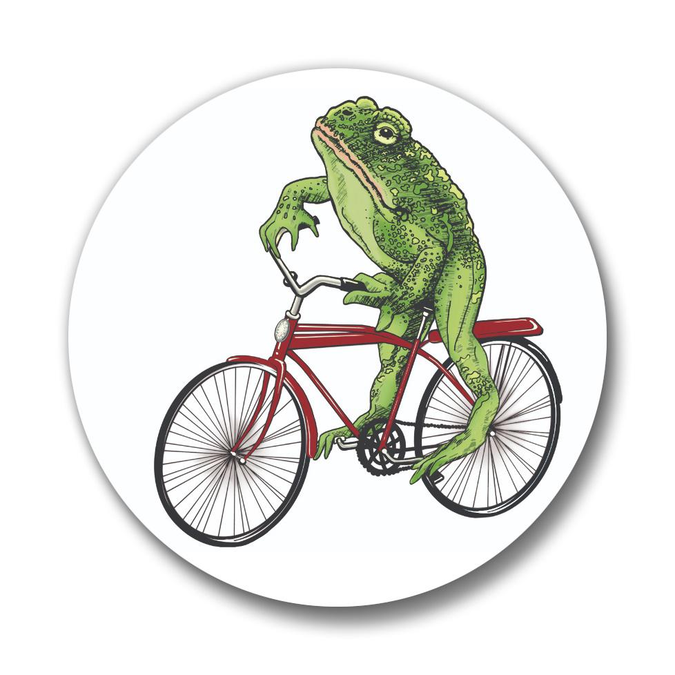 Frog Button Pin - Toadster The Frog, featuring a vibrant illustration of a frog on a red bicycle, highlighting its fun design and colorful details.