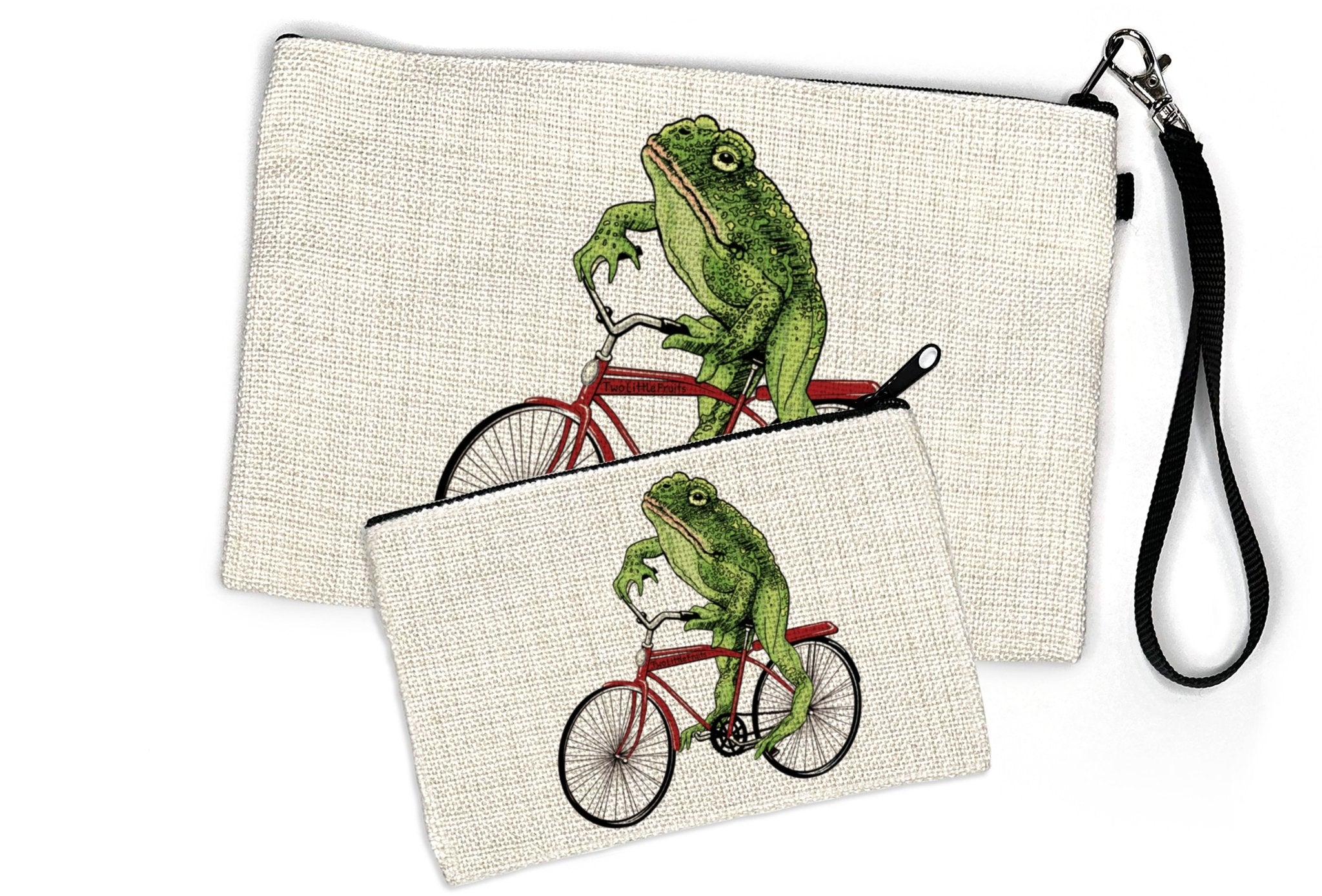 Adorable frog pencil pouch showcasing a playful design of a frog on a red bicycle, highlighting its unique and fun character.