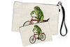 Adorable frog pencil pouch showcasing a playful design of a frog on a red bicycle, highlighting its unique and fun character.