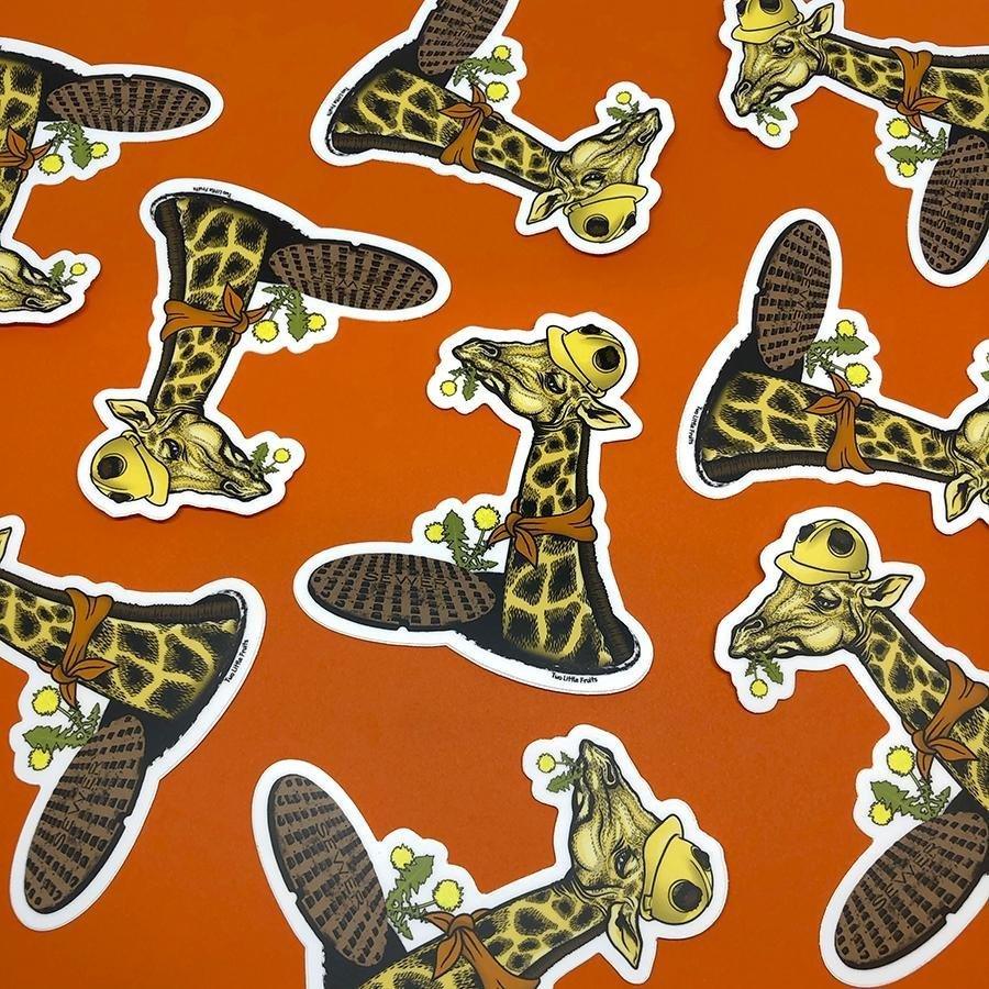 Funny Animal Stickers - Lunch Break Giraffe Construction Worker, Durable Vinyl Decal 3.6" x 4" - Sticker - Two Little Fruits - Two Little Fruits