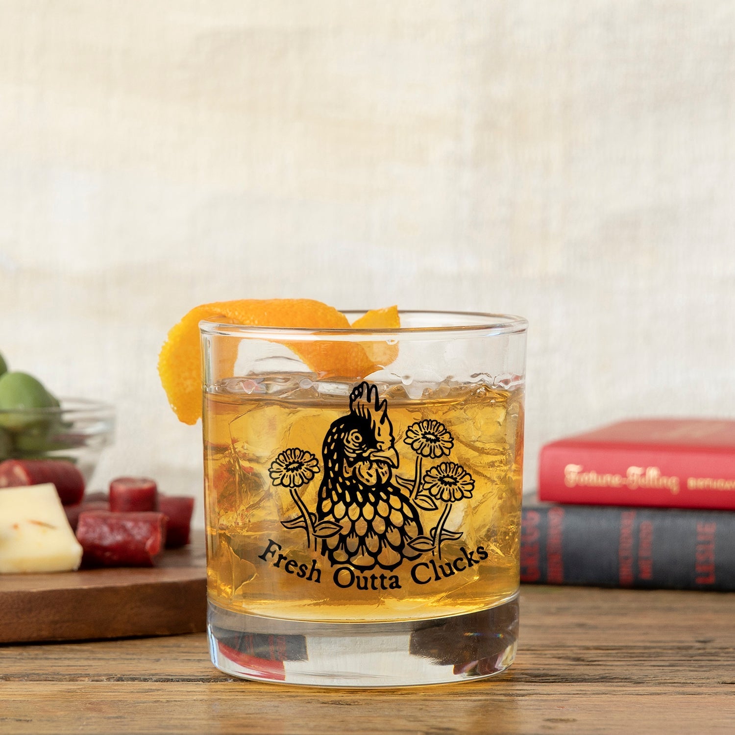 Funny Chicken Whiskey Glass - 10 Oz Black Rocks Glass With Original Artwork - Rocks Glass - Two Little Fruits - Two Little Fruits