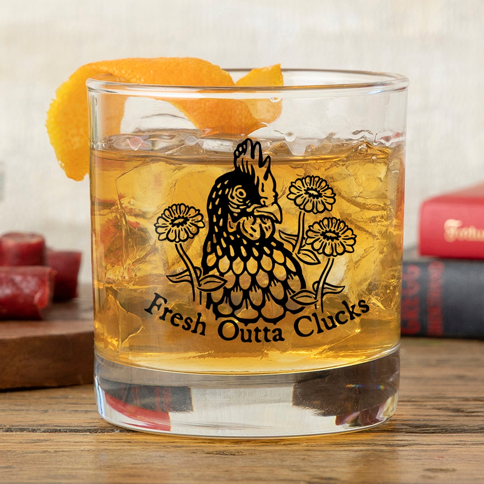 Funny Chicken Whiskey Glass - 10 Oz Black Rocks Glass With Original Artwork - Rocks Glass - Two Little Fruits - Two Little Fruits