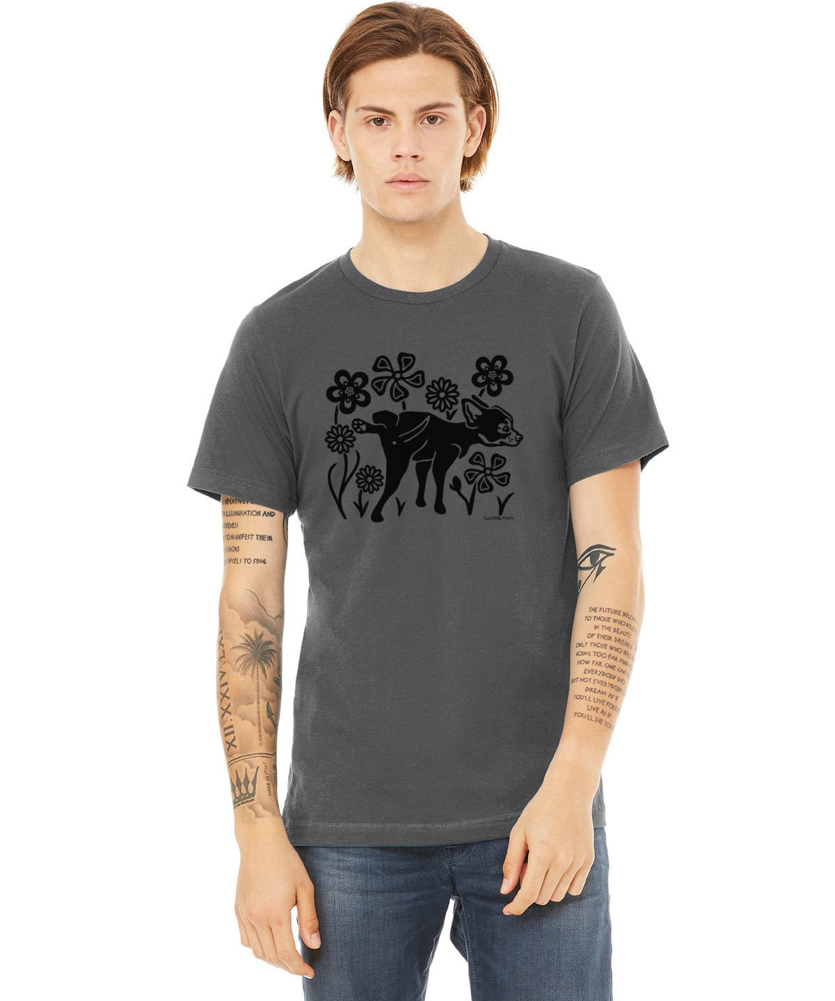 Funny Dog T-Shirt: Quirky Dog Peeing Design on Asphalt Grey & Black Unisex Tee, Soft Cotton Blend - Tee Shirts - Two Little Fruits - Two Little Fruits