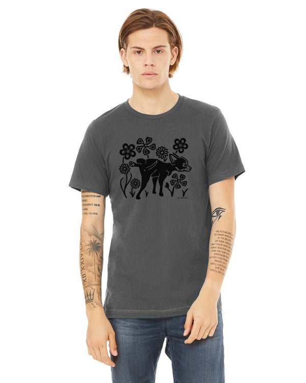 Funny Dog T-Shirt: Quirky Dog Peeing Design on Asphalt Grey & Black Unisex Tee, Soft Cotton Blend - Tee Shirts - Two Little Fruits - Two Little Fruits