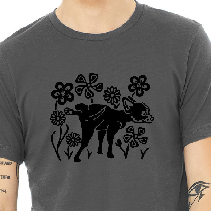 Funny Dog T-Shirt: Quirky Dog Peeing Design on Asphalt Grey & Black Unisex Tee, Soft Cotton Blend - Tee Shirts - Two Little Fruits - Two Little Fruits