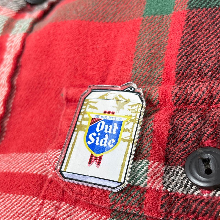 Funny Lapel Pins: Hey Man Let's Go Outside Beer Can Acrylic Pin - 1.25 Inches with Durable Clutch - Acrylic Pin - Two Little Fruits - Two Little Fruits