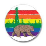 Bright and cheerful Gay Bear Drink Coaster with a cute bear design against rainbow stripes, ideal for protecting surfaces stylishly, 4-inch ceramic coaster.