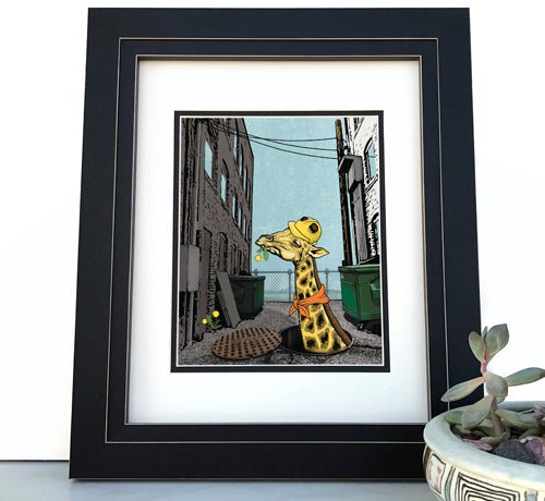 Framed Lunch Break Giraffe Art Print showcasing a whimsical giraffe in an urban setting, perfect for animal wall decor.