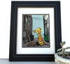 Framed Lunch Break Giraffe Art Print showcasing a whimsical giraffe in an urban setting, perfect for animal wall decor.