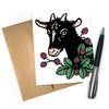Goat Blank Greeting Card featuring a playful illustration of a goat surrounded by berries and leaves, perfect for sending cheerful animal themed cards.