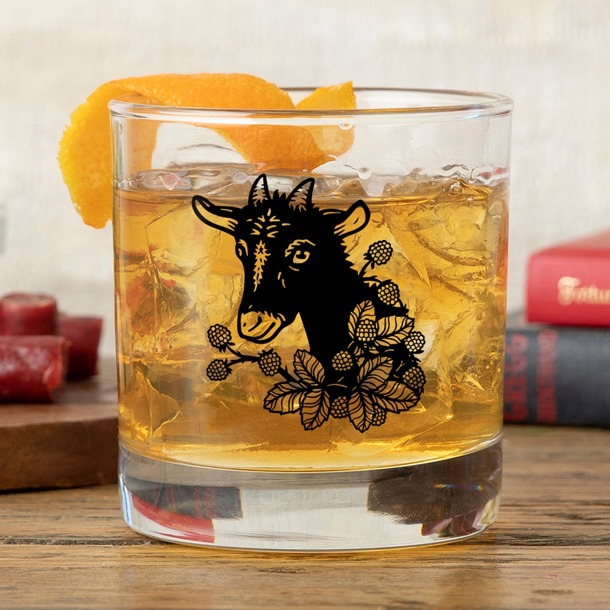 Goat Whiskey Glass - Cute Raccoon Artwork, 10 Oz Rocks Glass, Durable and Fun for Any Beverage - Rocks Glass - Two Little Fruits - Two Little Fruits