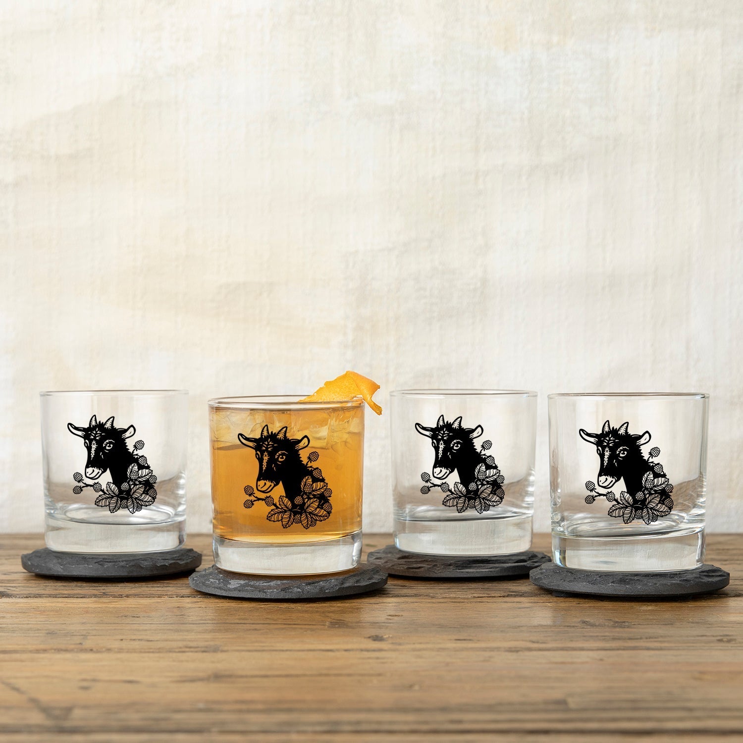 Goat Whiskey Glass - Cute Raccoon Artwork, 10 Oz Rocks Glass, Durable and Fun for Any Beverage - Rocks Glass - Two Little Fruits - Two Little Fruits