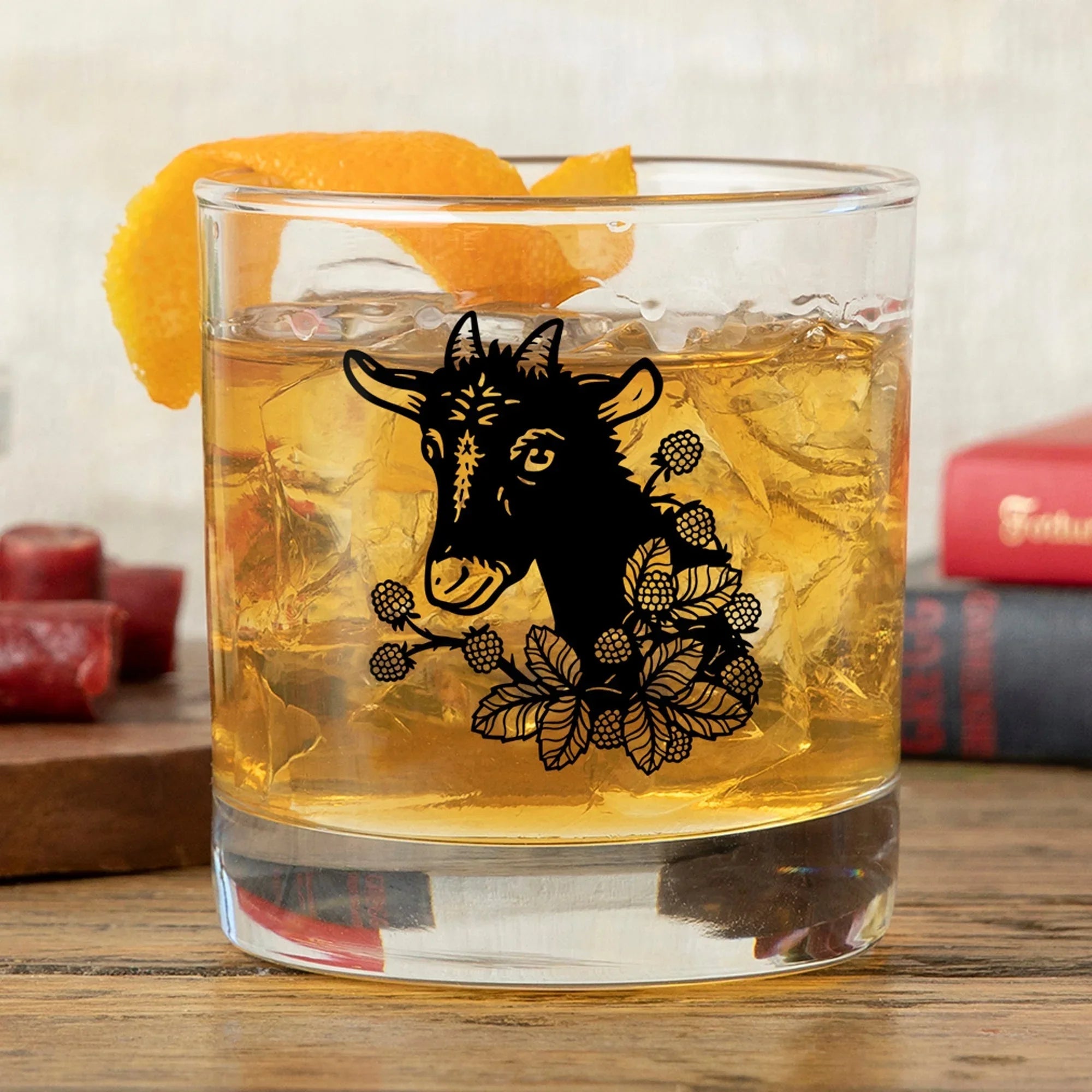 Goat illustrated rocks glass by Two Little Fruits