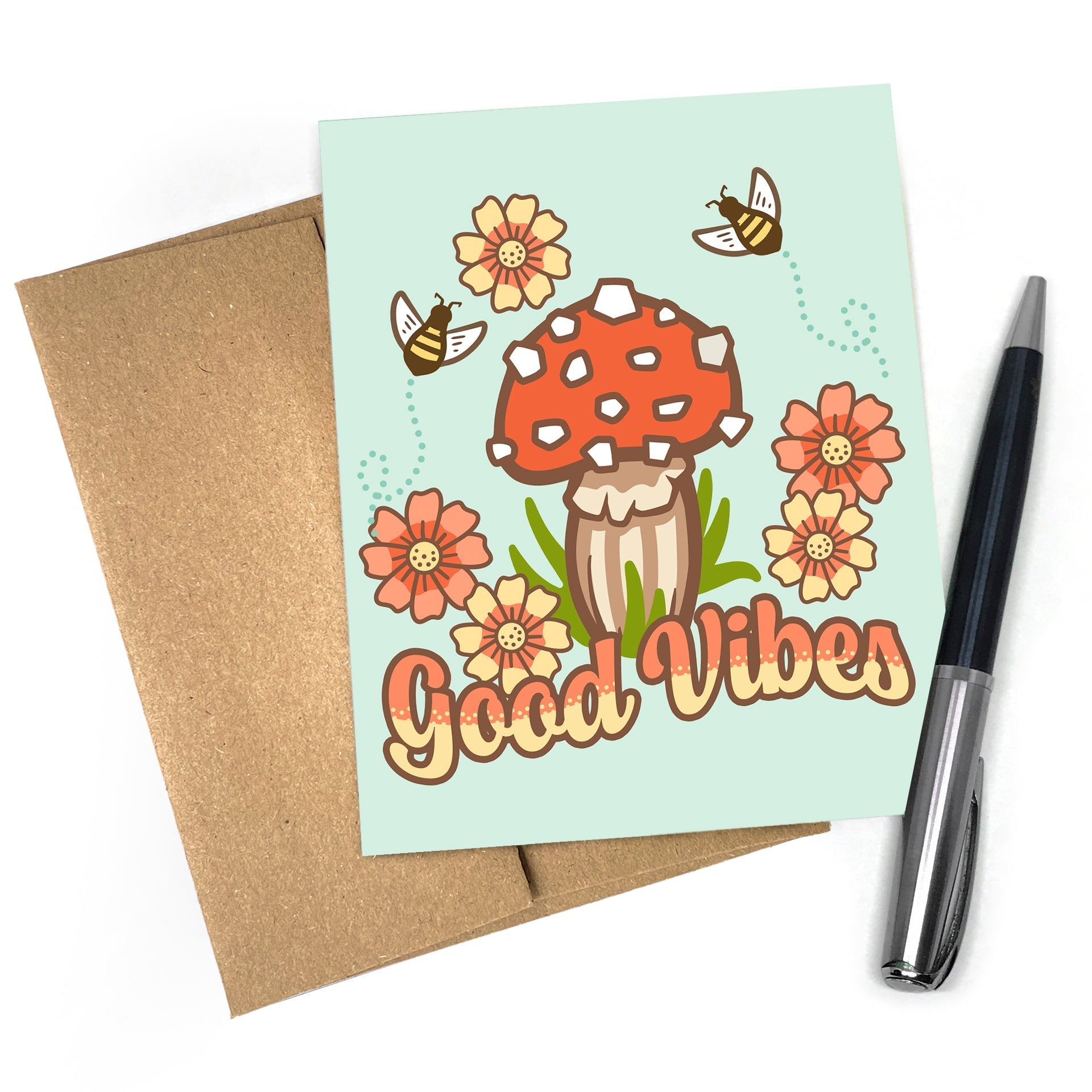 Good Vibes Card - A2 Mushroom Blank Greeting Card with Envelope | Two Little Fruits - Greeting Cards - Two Little Fruits - Two Little Fruits