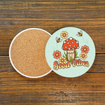 Good Vibes Mushroom Drink Coaster - Colorful 4" Ceramic Coaster with Cork Backing, Set of 4 Available - Coasters - Two Little Fruits - Two Little Fruits