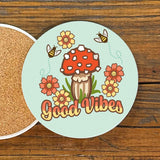 Good Vibes Mushroom Drink Coaster - Colorful 4" Ceramic Coaster with Cork Backing, Set of 4 Available - Coasters - Two Little Fruits - Two Little Fruits