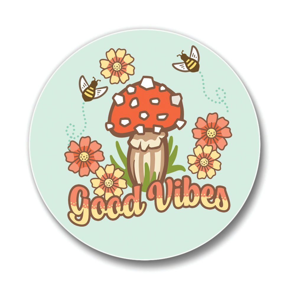 Good Vibes Mushroom Drink Coaster - Colorful 4" Ceramic Coaster with Cork Backing, Set of 4 Available - Coasters - Two Little Fruits - Two Little Fruits
