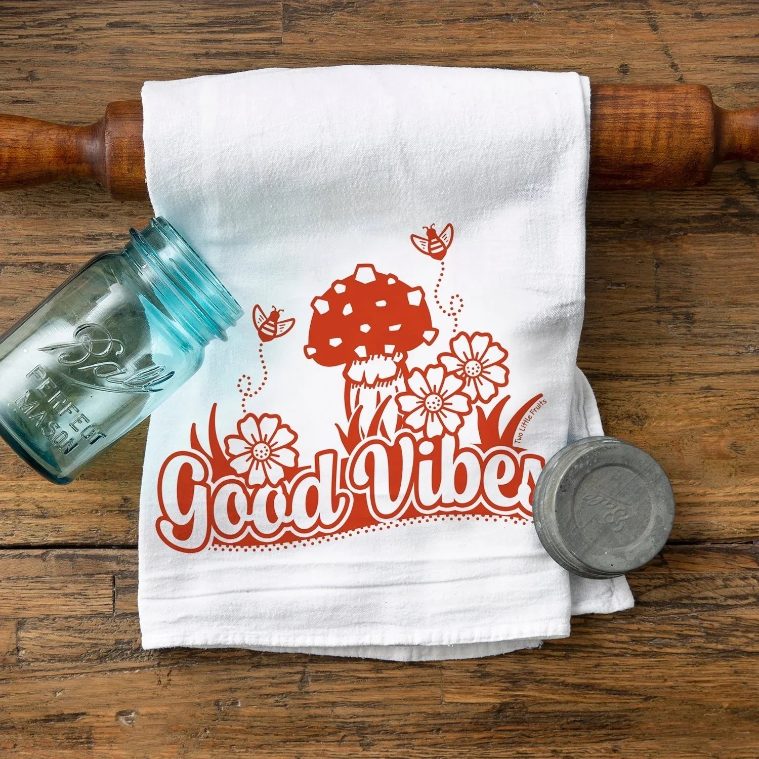 Good Vibes Mushroom illustrated tea towel by Two Little Fruits