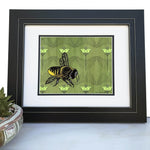 Green Bee Art Print on Floral Background - 8x10 or 11x14 Options Available - Paper Prints - Two Little Fruits - Two Little Fruits