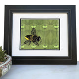 Green Bee Art Print on Floral Background - 8x10 or 11x14 Options Available - Paper Prints - Two Little Fruits - Two Little Fruits