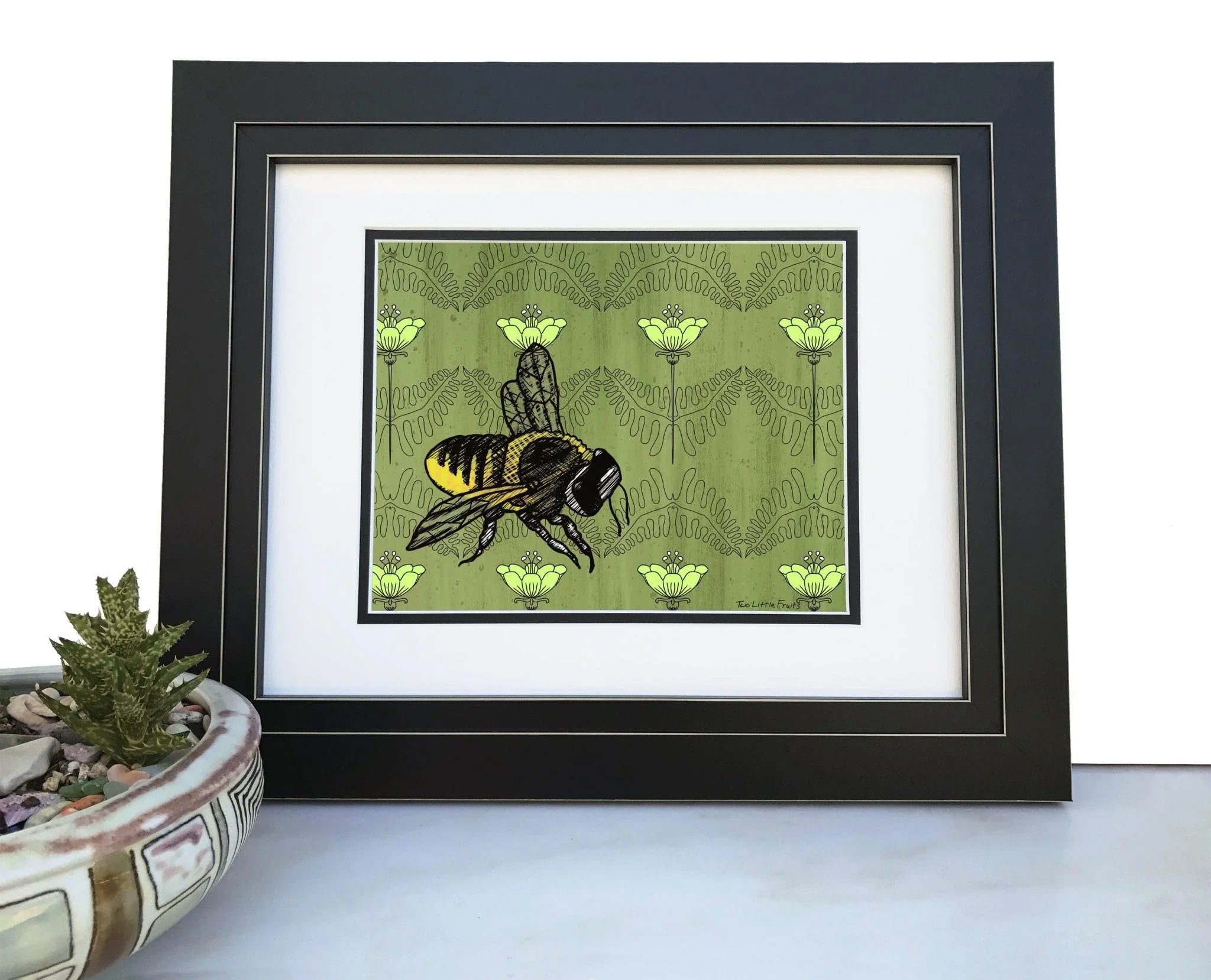 Green Bee Art Print on Floral Background - 8x10 or 11x14 Options Available - Paper Prints - Two Little Fruits - Two Little Fruits