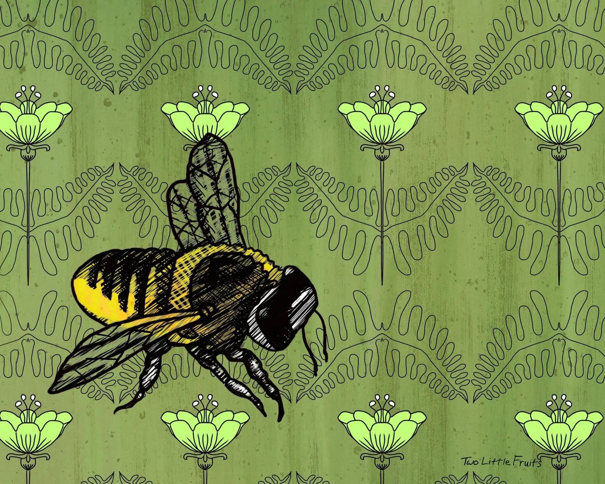 Green Bee Art Print on Floral Background - 8x10 or 11x14 Options Available - Paper Prints - Two Little Fruits - Two Little Fruits