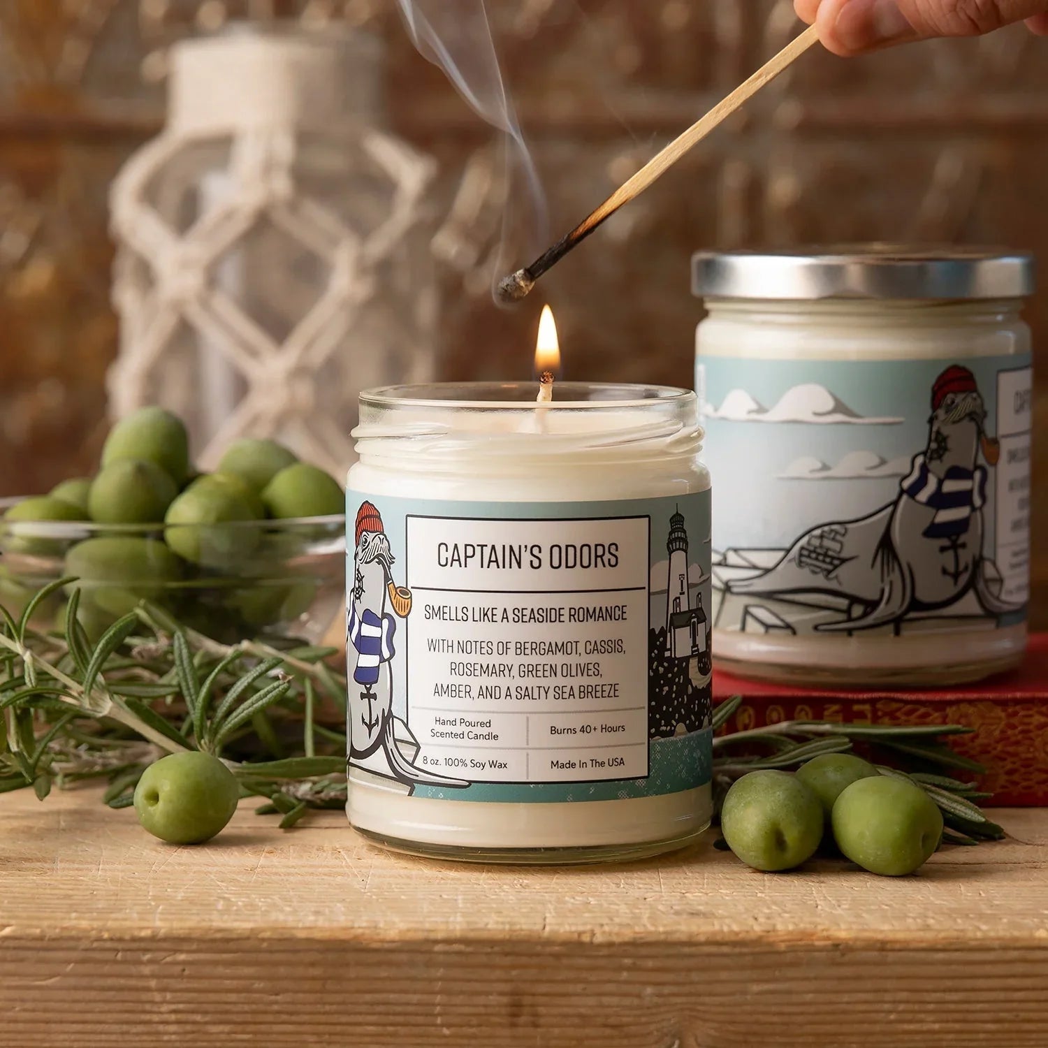 Green Olive Candle With Bergamot & Rosemary - 100Soy Wax, 40+ Hours Burn Time - Soy Candles - Two Little Fruits - Two Little Fruits
